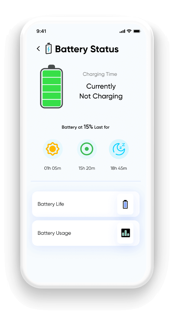Battery status screen showing usage insights and phone charging details